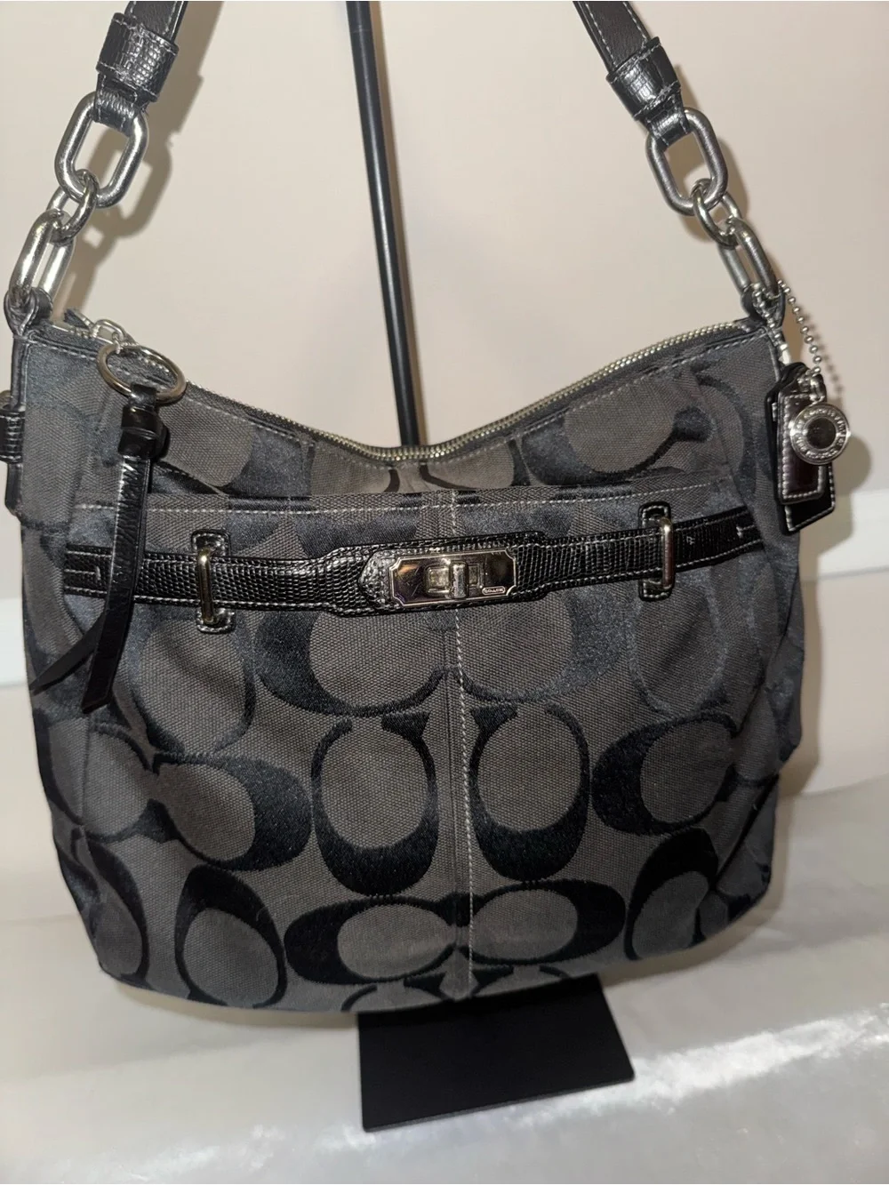 Coach Black and Charcoal Signature Canvas Shoulder Bag